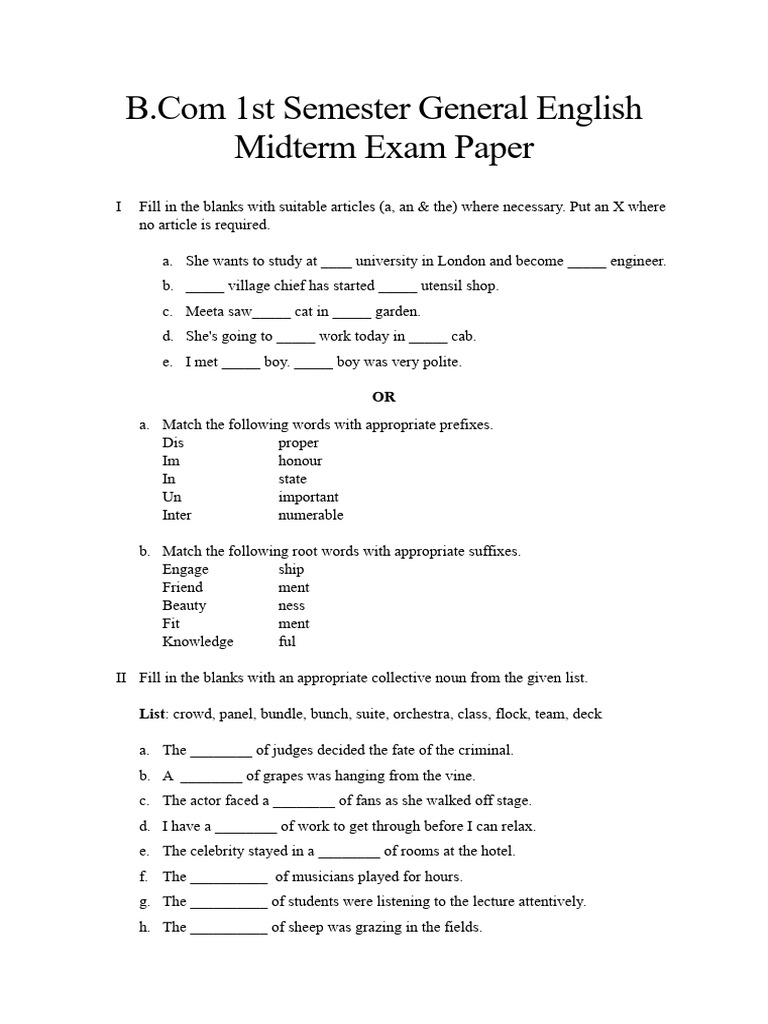 B.Com 1st Sem English Midterm Exam Guide | PDF | Linguistic Typology ...