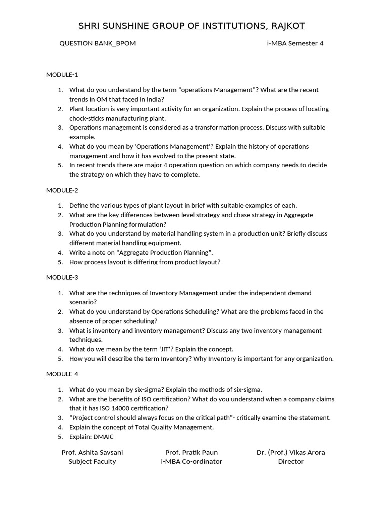 Operations Management Question Bank | PDF