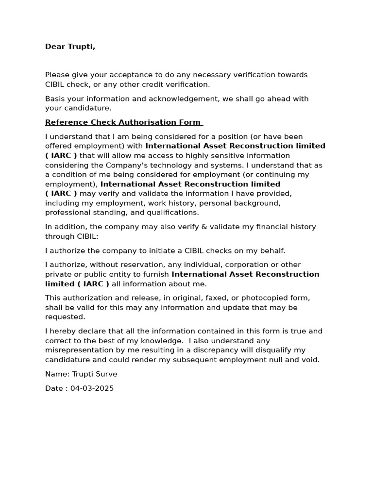 CIBIL Check Authorization for Employment | PDF