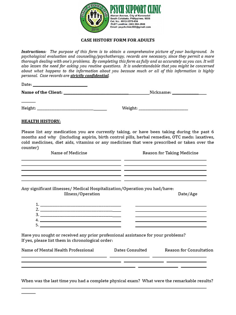 Adult Case History Form | PDF | Psychology | Behavioural Sciences