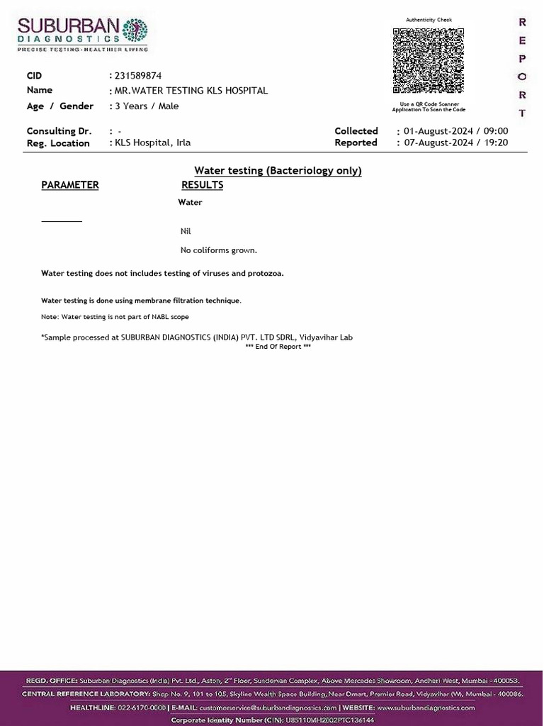 Water Quality Test Report - KLS Hospital | PDF