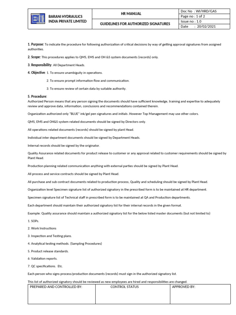 Guidelines for Authorized Signatures | PDF | Signature | Quality Assurance