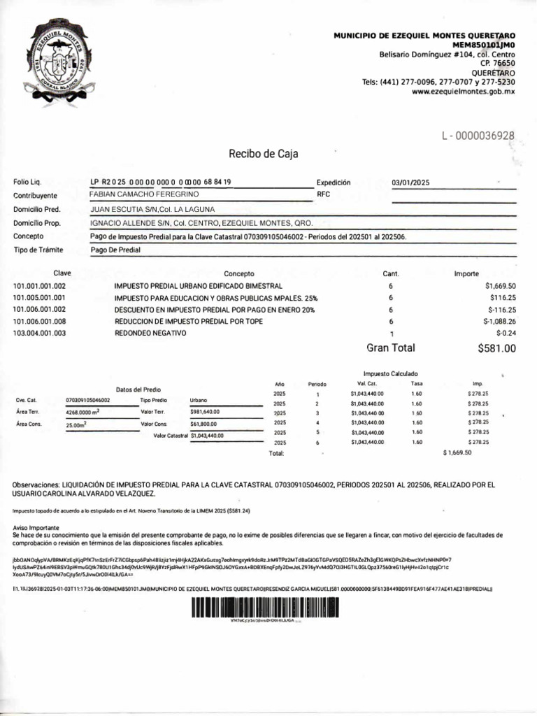 Recibo de Pago de Predial 2025 Ezequiel Montes | PDF | Impuestos ...