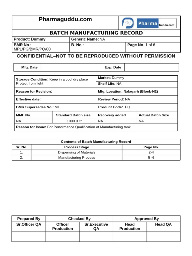 Batch Manufacturing Record Template | PDF