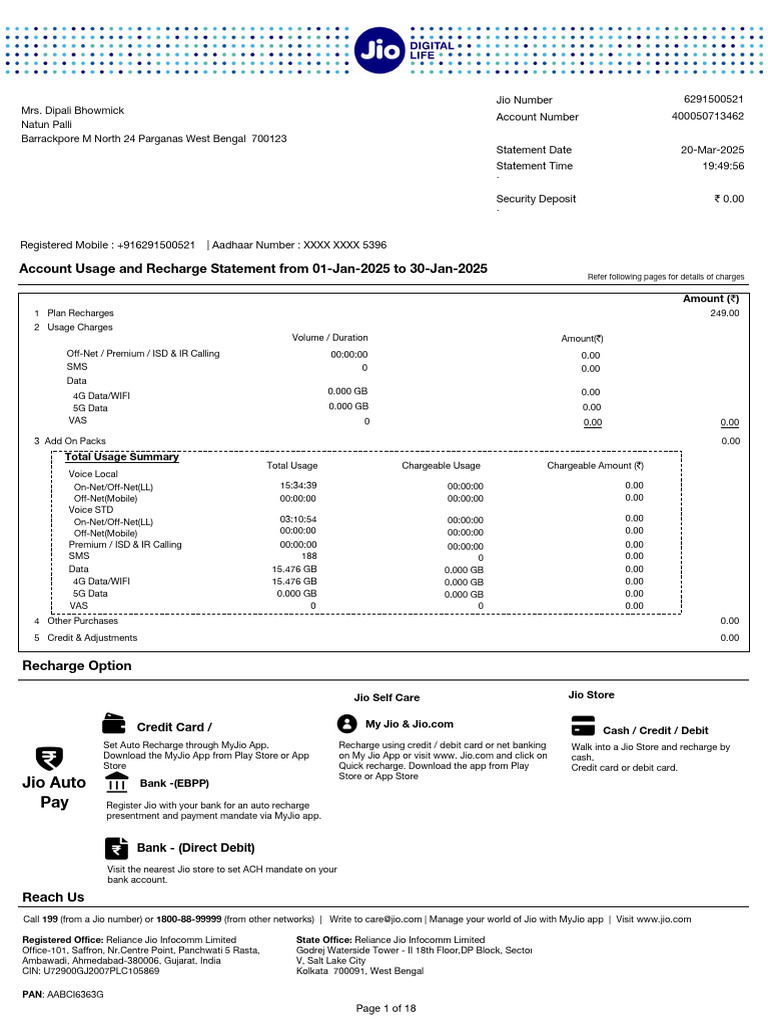 Jio Account Usage Statement 2025 | PDF | Service Industries
