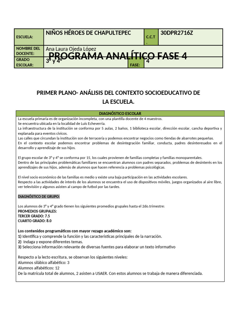PLAN ANALITICO FASE 4 ana | PDF | Evaluación | Aprendizaje
