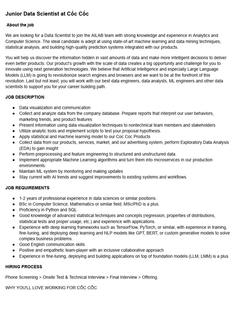 Junior Data Scientist Job at Cốc Cốc | PDF | Machine Learning | Data ...