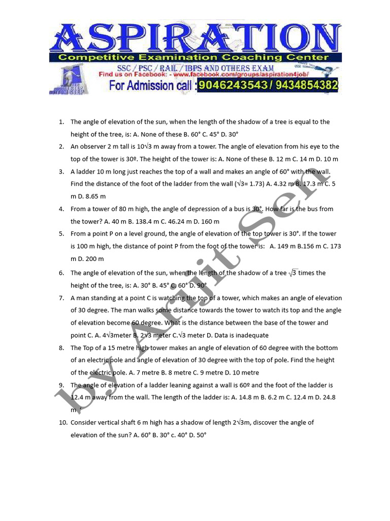 Angle of Elevation and Shadow Problems | PDF