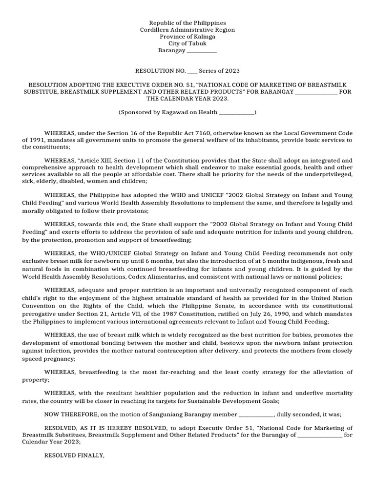 Adoption of EO 51 on Breastmilk Marketing | PDF | Breastfeeding ...