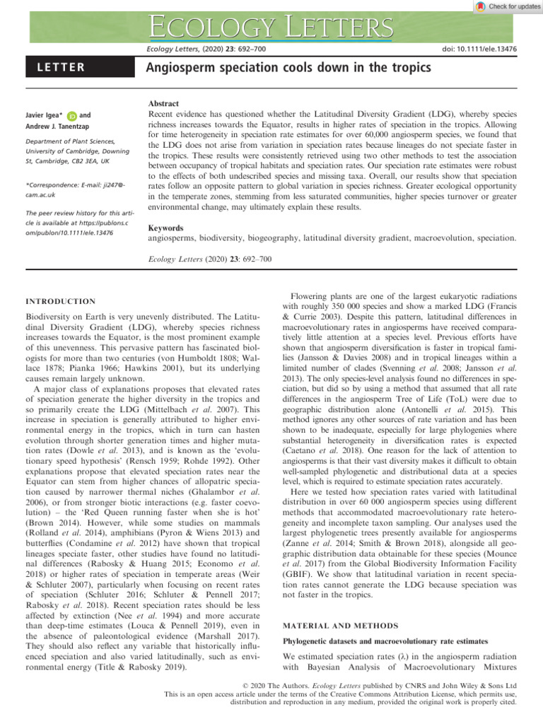 Angiosperm Speciation Rates and LDG | PDF | Biodiversity | Ecology