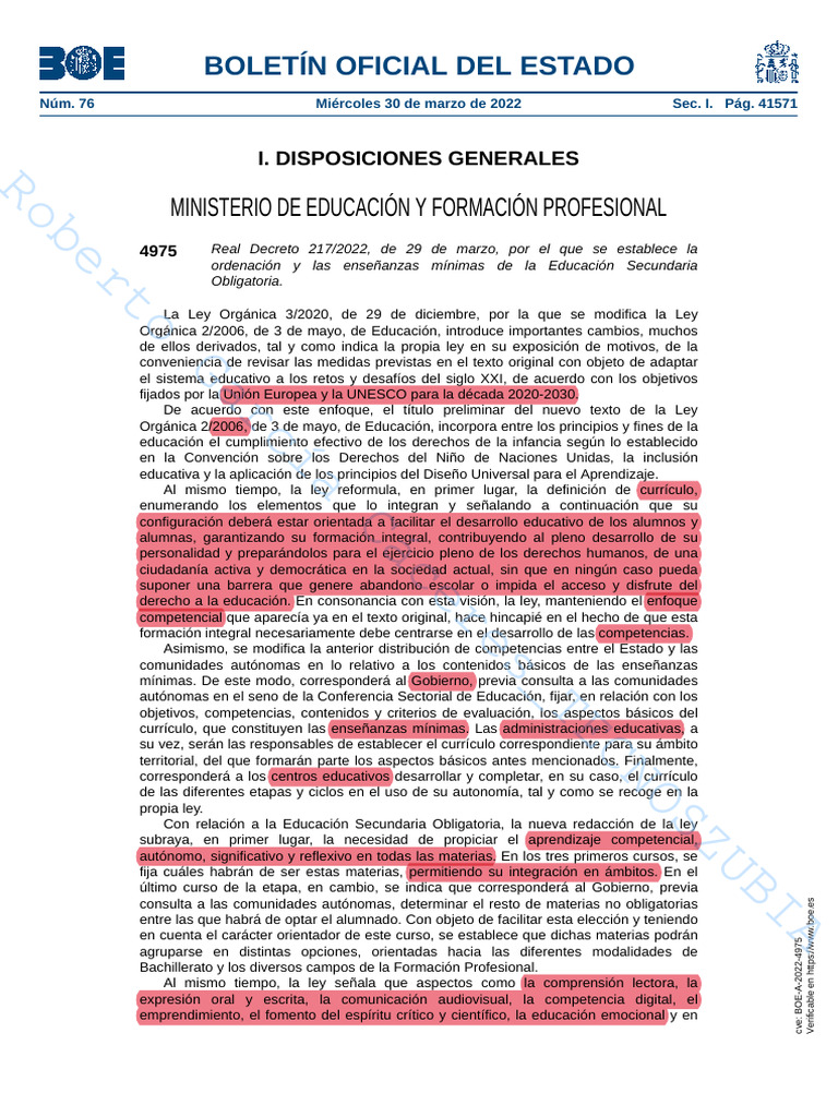 Real Decreto 217/2022: Educación Secundaria LOMLOE | PDF | Plan de ...