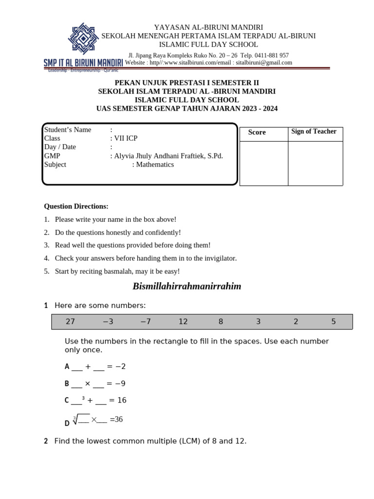 Uas 7 Icp Ipt Genap 2023-2024 | PDF | Numbers | Mathematical Objects