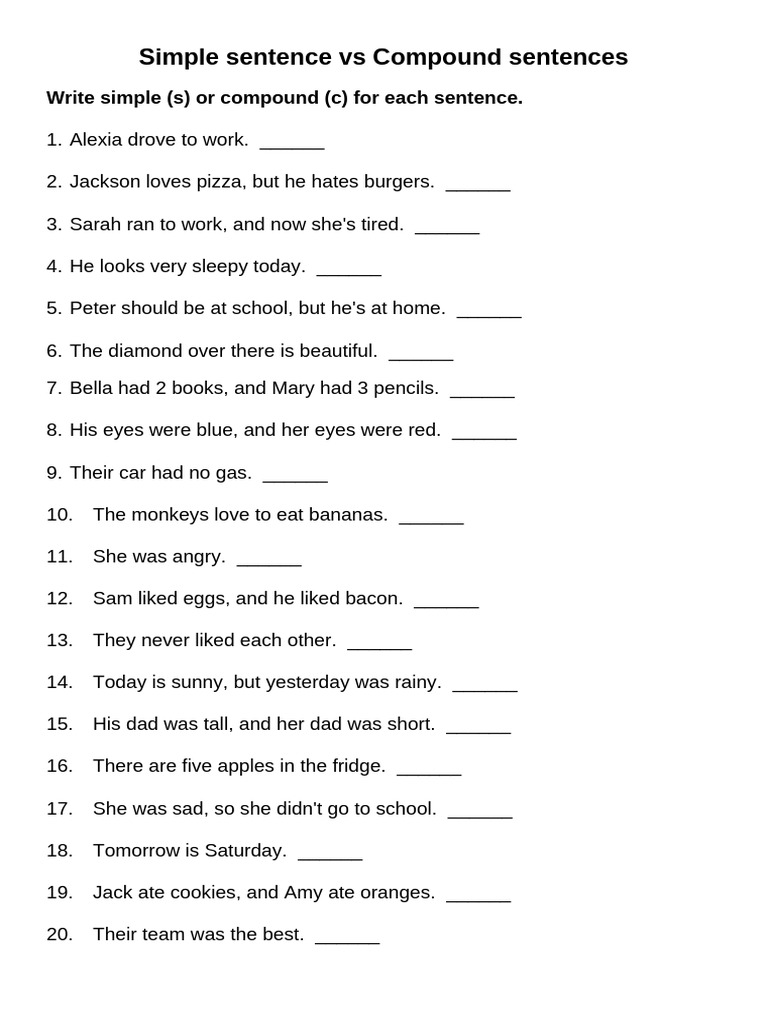 Simple vs Compound Sentences Worksheet | PDF