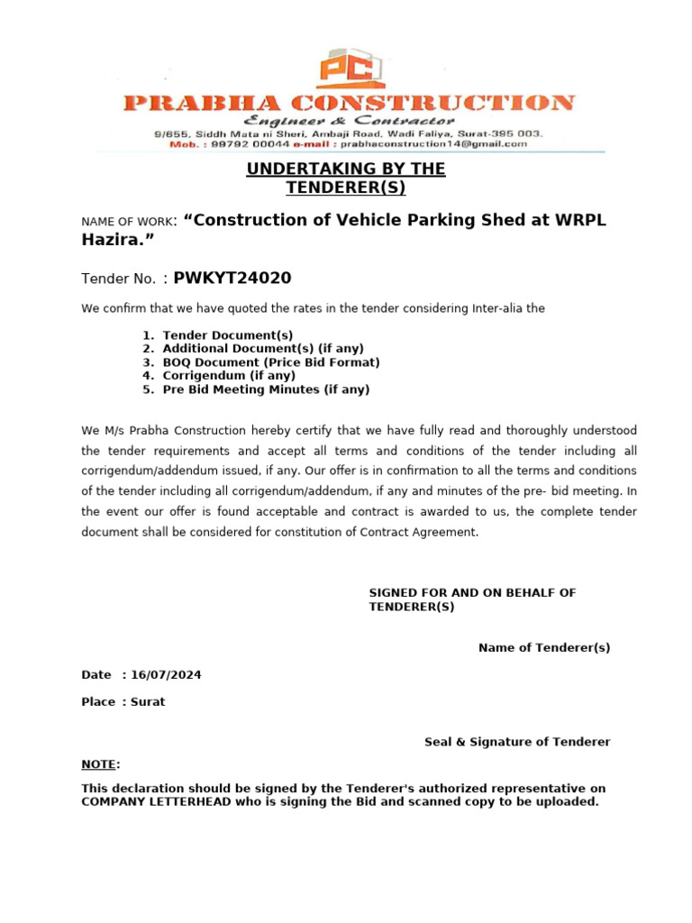 Tender Submission for Vehicle Parking Shed | PDF