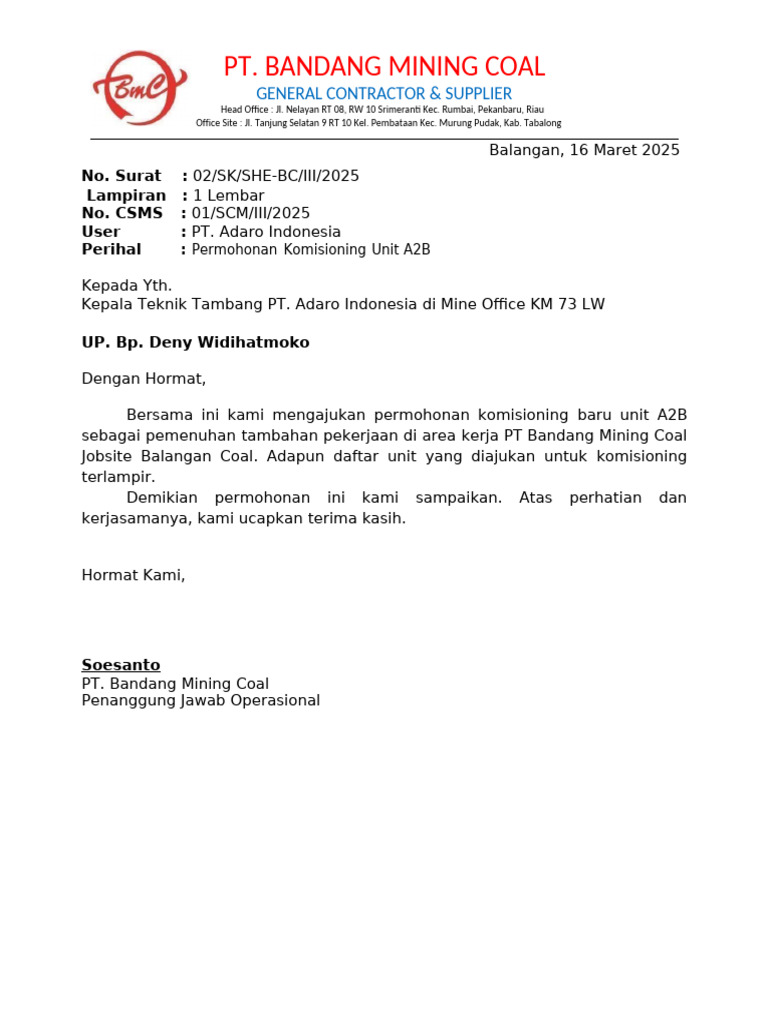 Permohonan Komisioning Unit A2B Bandang Mining | PDF