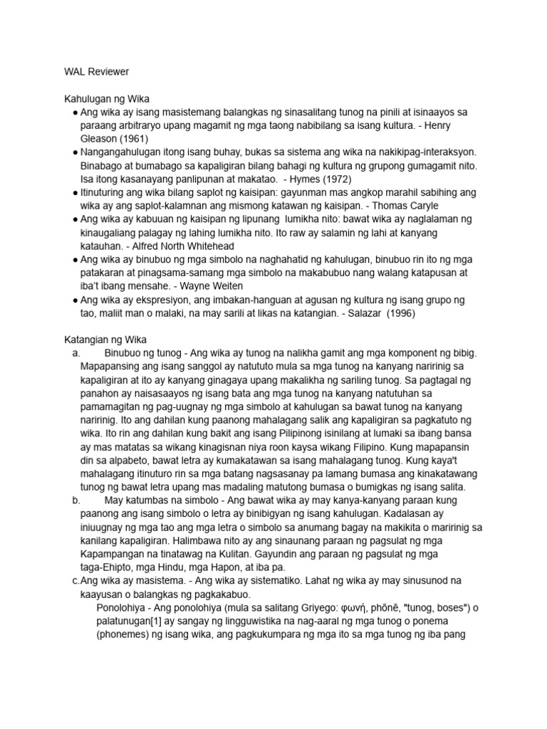 WAL Lesson 1 Reviewer | PDF