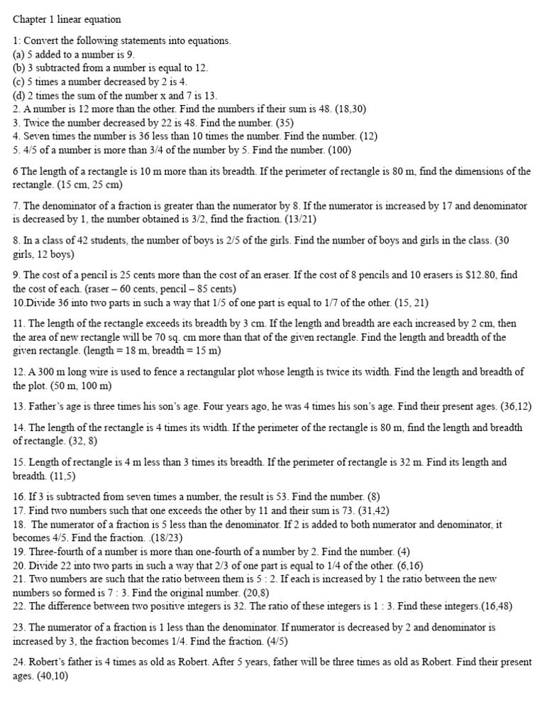 Linear Equations and Age Problems | PDF | Length | Arithmetic