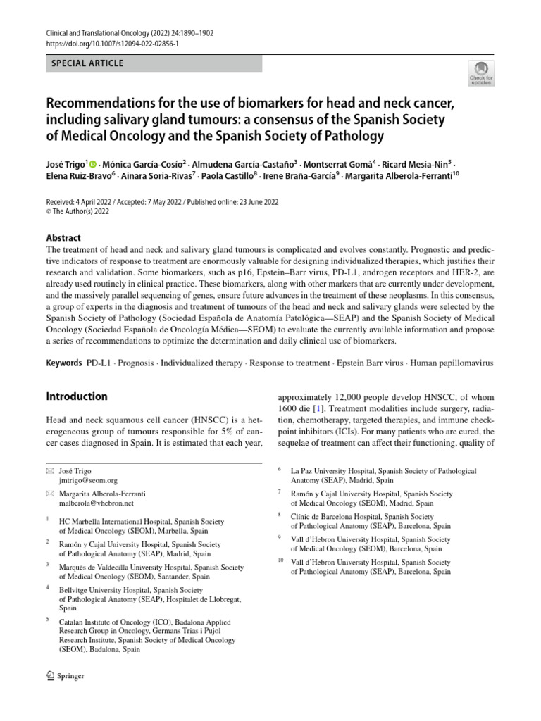 Head and Neck Cancer Biomarker Guidelines | PDF | Head And Neck Cancer ...