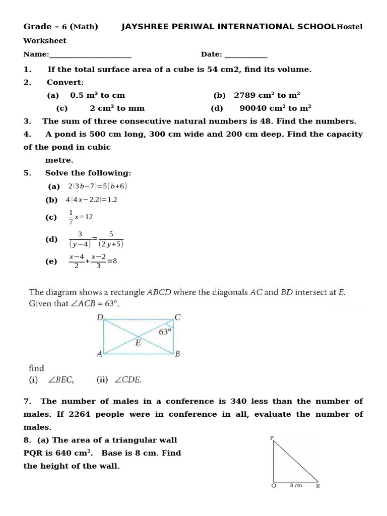 Grade 6 Math Worksheet Solutions | PDF | Area | Volume