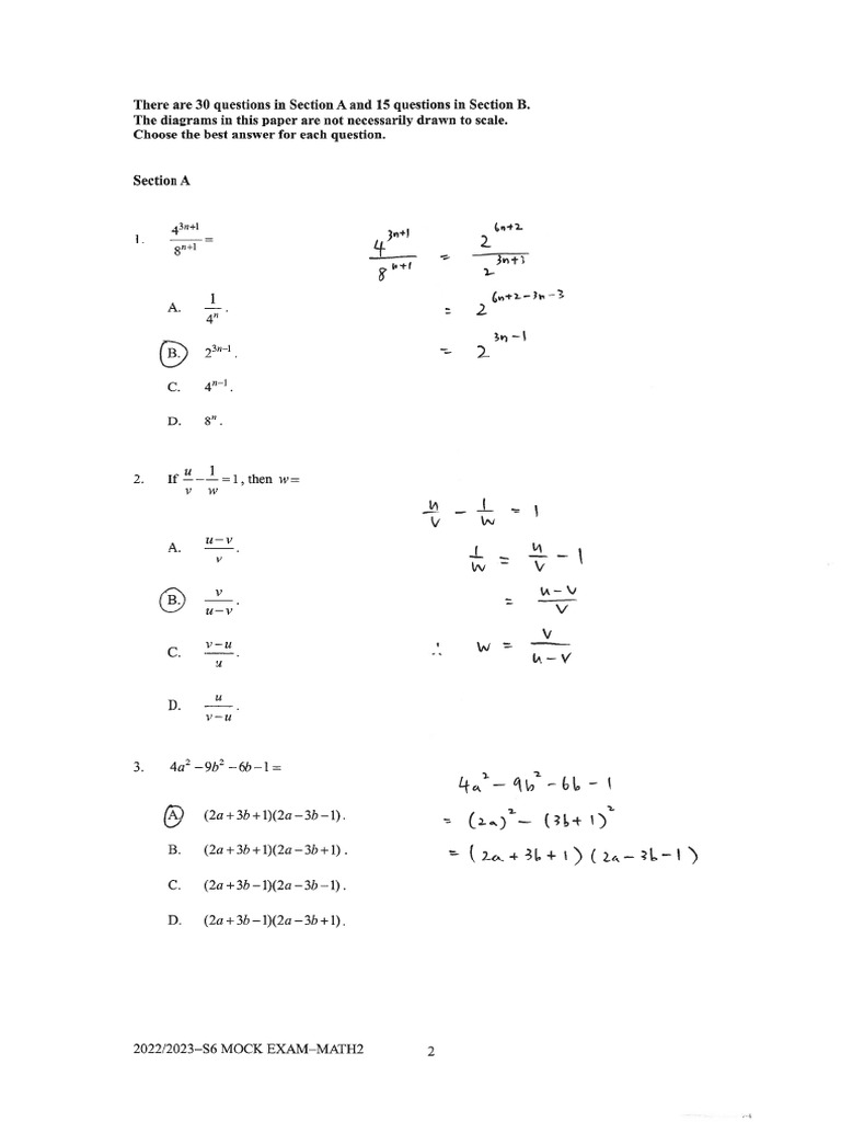 Form 6 Maths Mock Exam Paper 2 Solution (22-23) | PDF