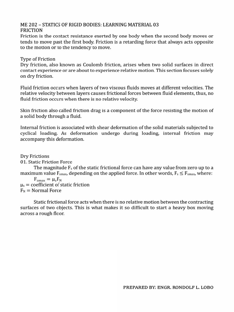 Me 202 LM 03 Frictions | PDF