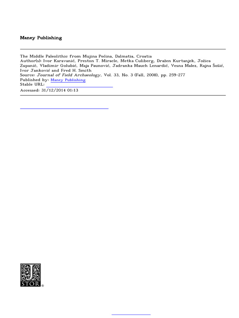 Middle Paleolithic Insights from Mujina Pećina | PDF | Stone Age