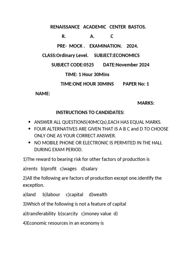 R. A. C. Pre Mock Paper 1 Econs | PDF | Economics | Demand