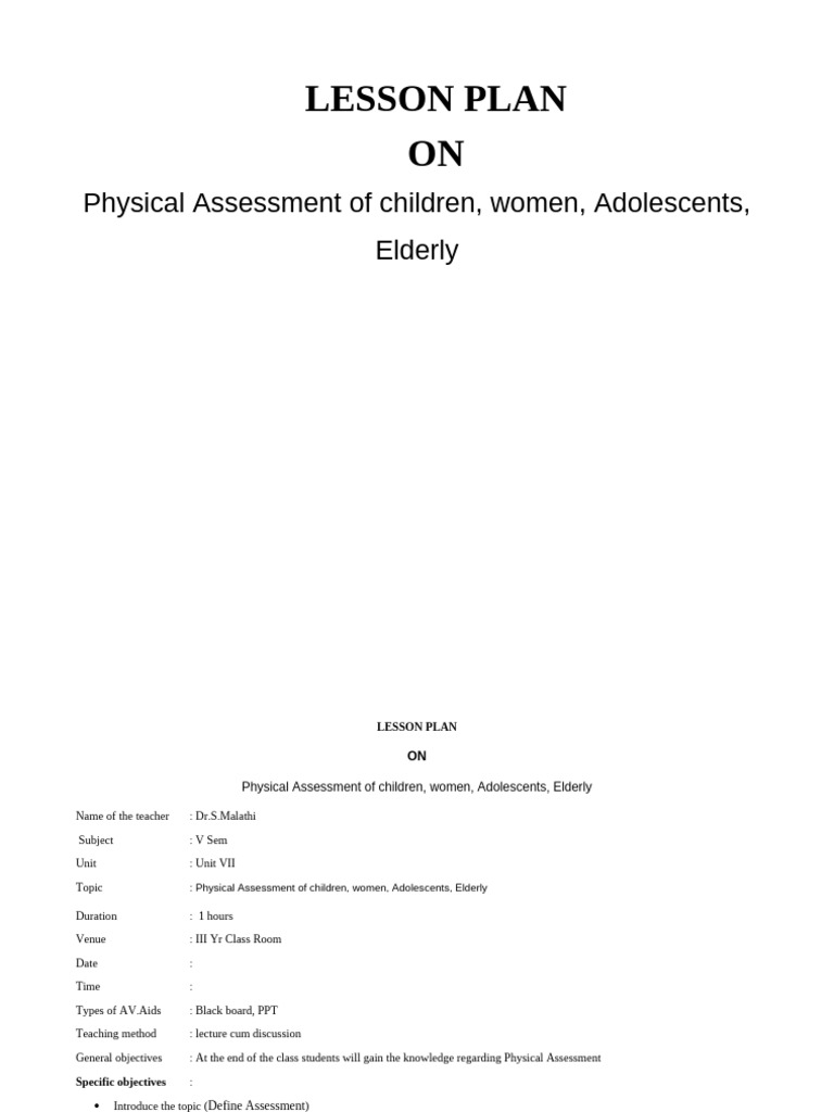 Physical Assessment Lesson Plan | PDF | Lesson Plan | Educational ...