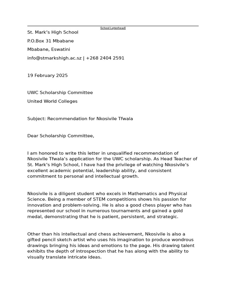 Recommendation for Nkosivile Tfwala | PDF