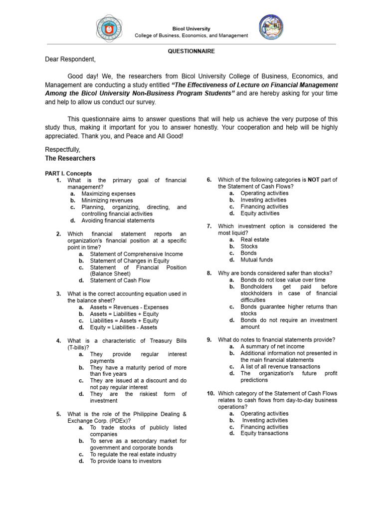 Post Test Questionnaire(1) | PDF | Equity (Finance) | Bonds (Finance)