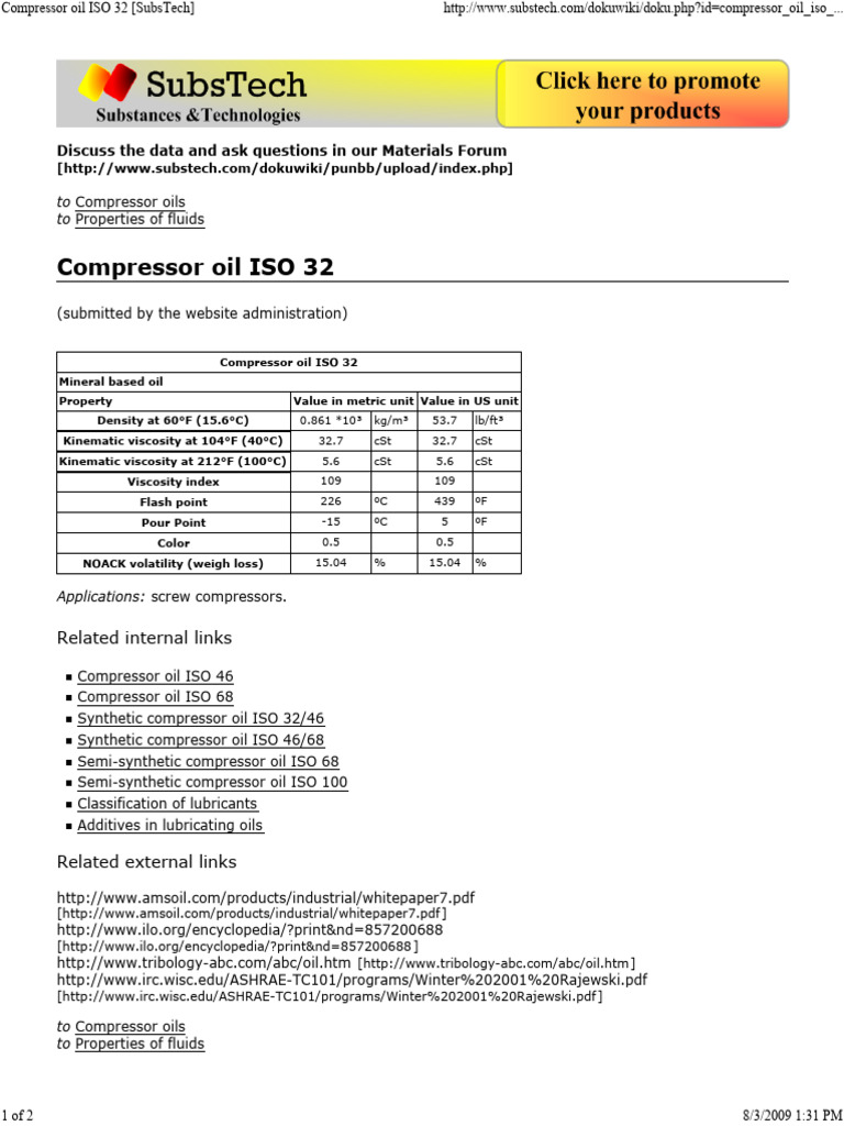 ISO 32 Compressor Oil Properties | PDF | Viscosity | Oil