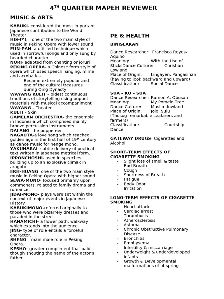 4th Quarter MAPEH Reviewer: Music & Health | PDF | Smoking | Medical ...