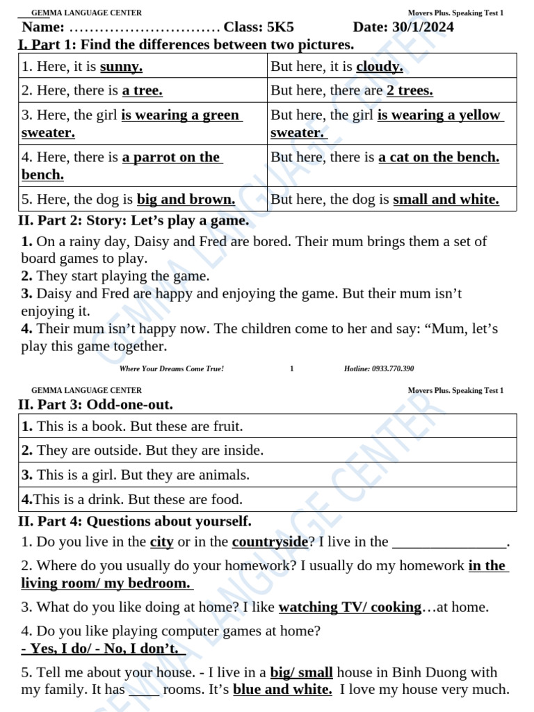 Movers Plus Speaking Test Overview | PDF