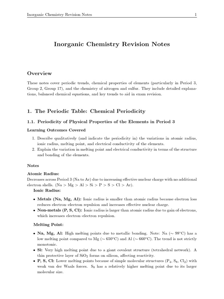 Inorganic Chemistry Exam Revision Guide | PDF | Hydroxide | Chlorine