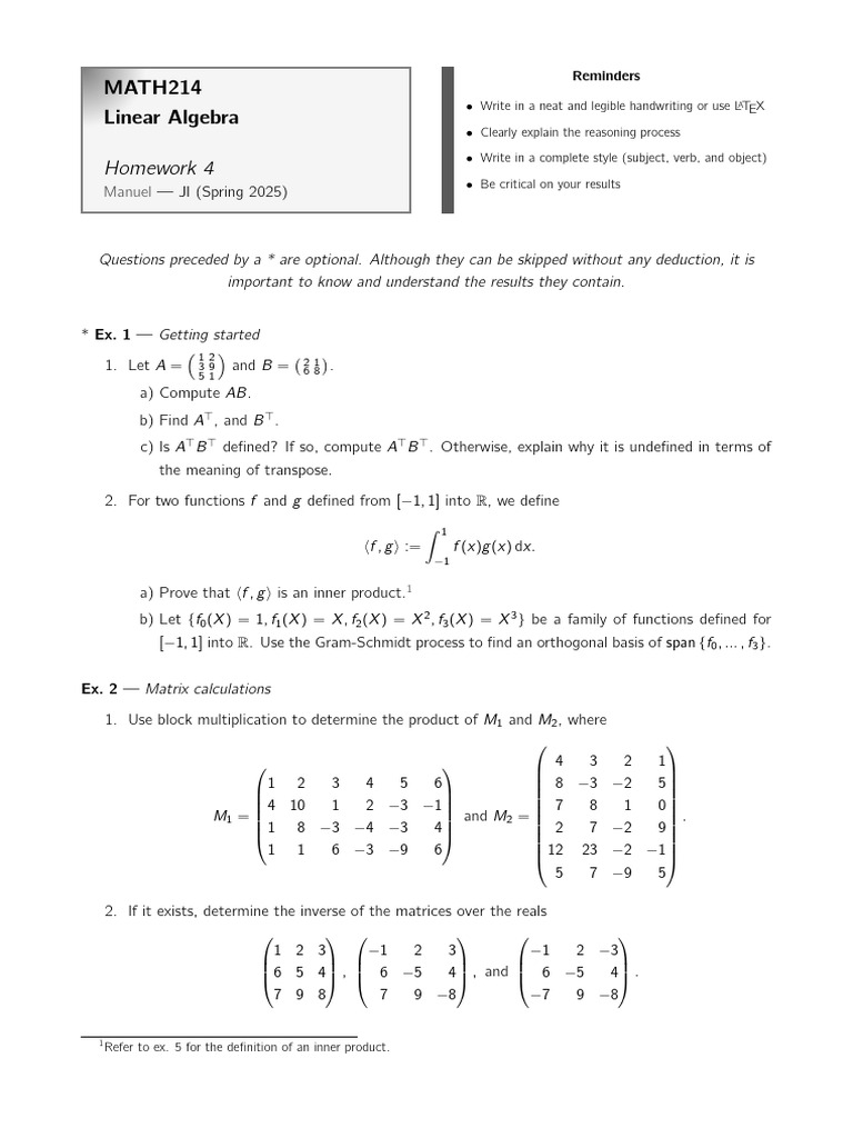Homework 4: MATH214 Linear Algebra | PDF | Basis (Linear Algebra ...