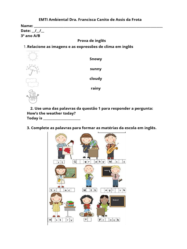Prova de Inglês: Clima e Matérias escolares | PDF