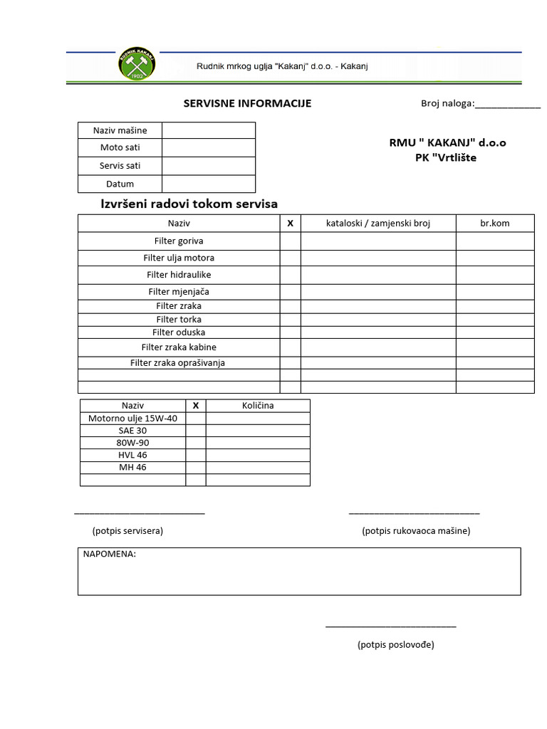 Izvršeni Radovi Tokom Servisa: Servisne Informacije | PDF