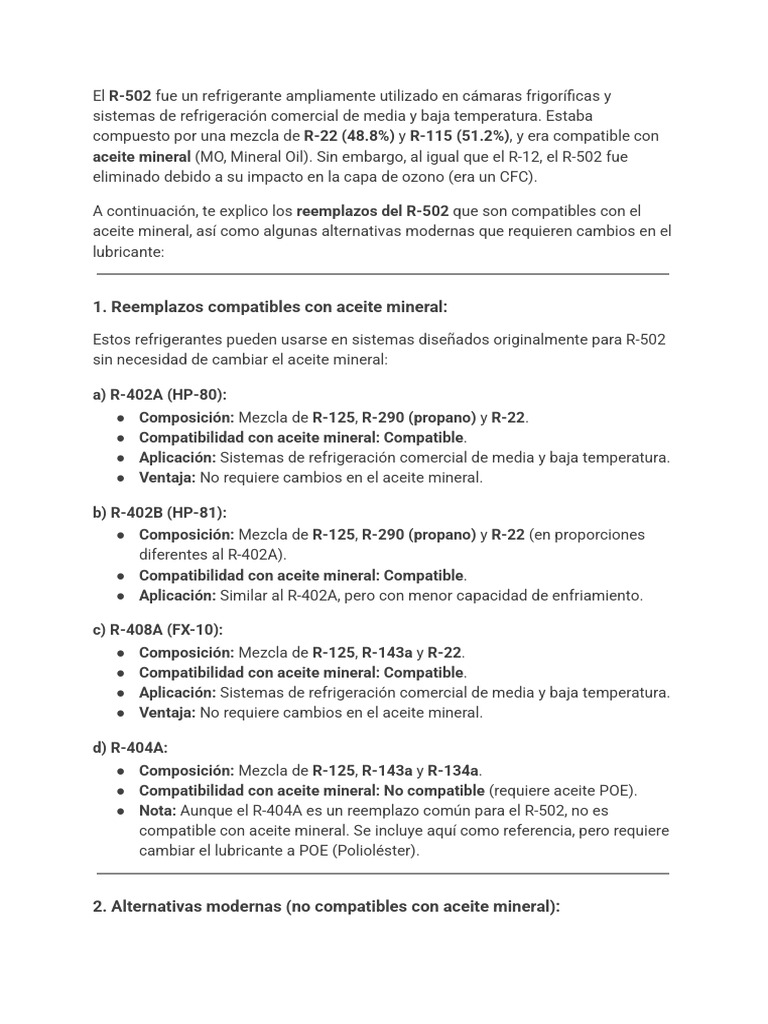 Reemplazos del R-502 en Refrigeración | PDF | Refrigeración | Lubricante