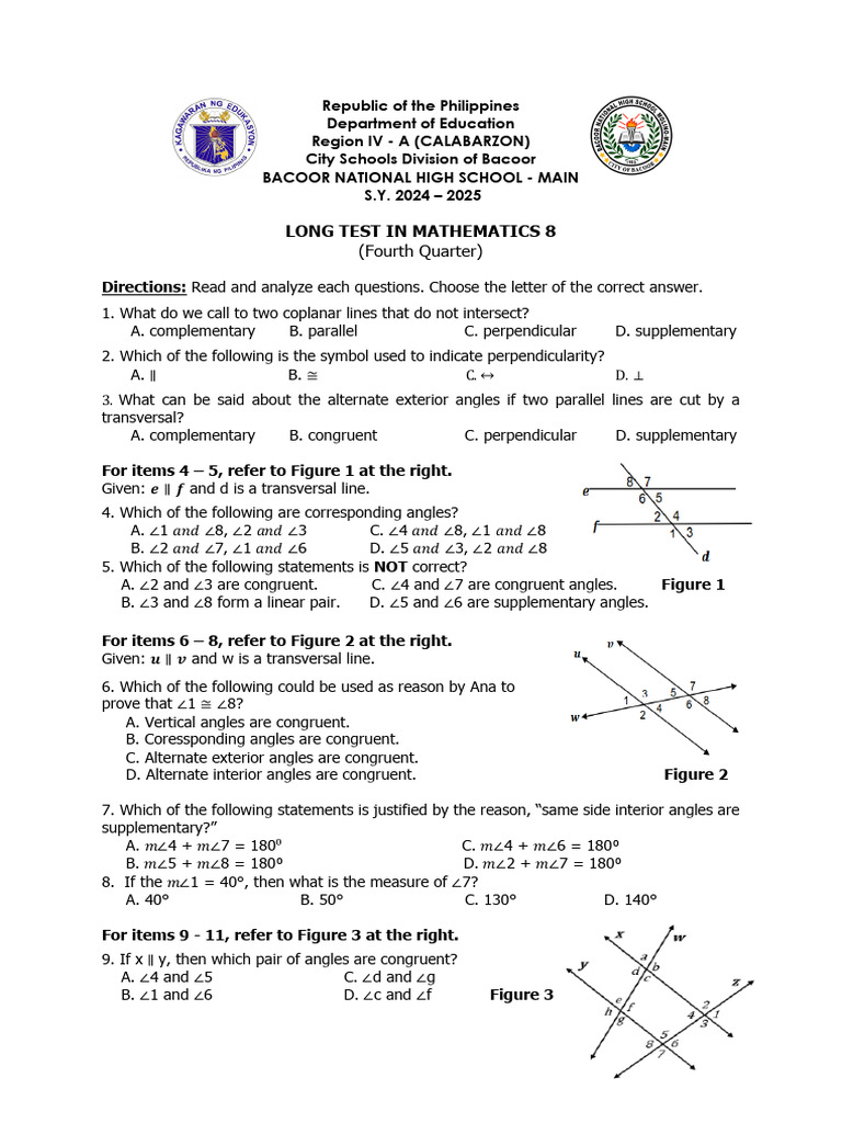 Math 8 Long Test Fourth Quarter 2024-2025 | PDF | Perpendicular ...