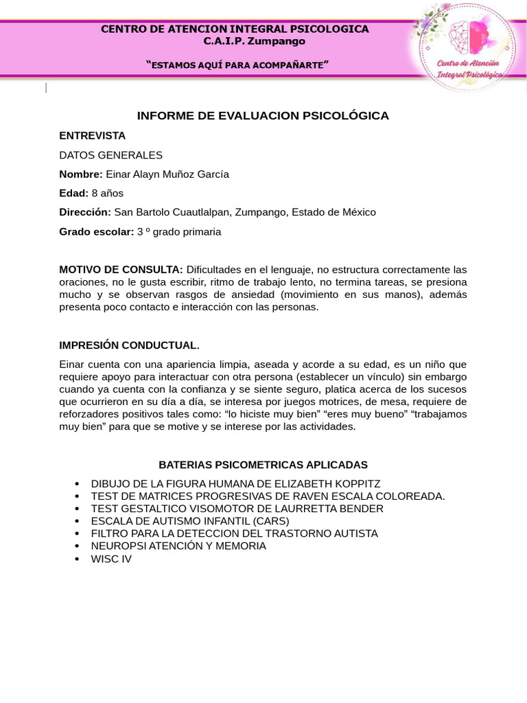 Informe de Evaluación TEA Einar Muñoz | PDF | Autismo | Cognición