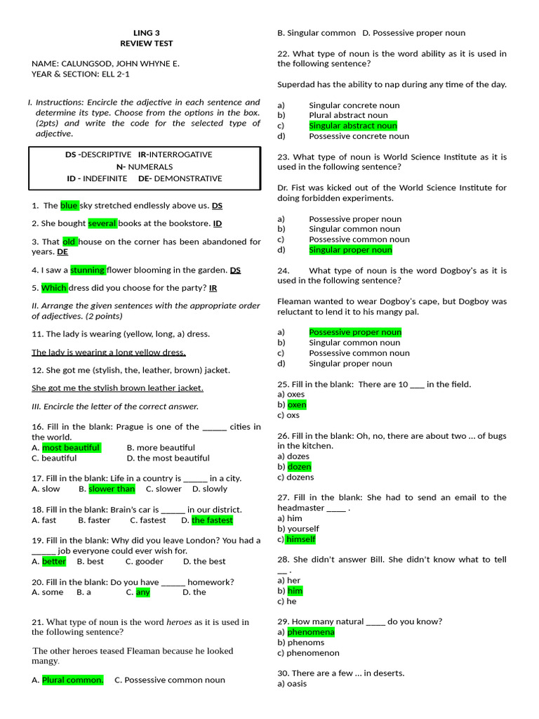 Midterm Review Test STRUCTURE | PDF | Grammatical Number | Noun
