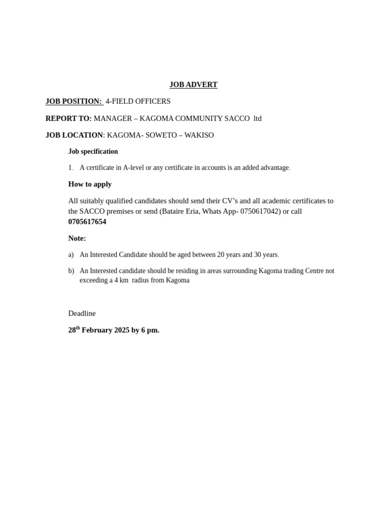 Job Opening: 4 Field Officers in Kagoma | PDF