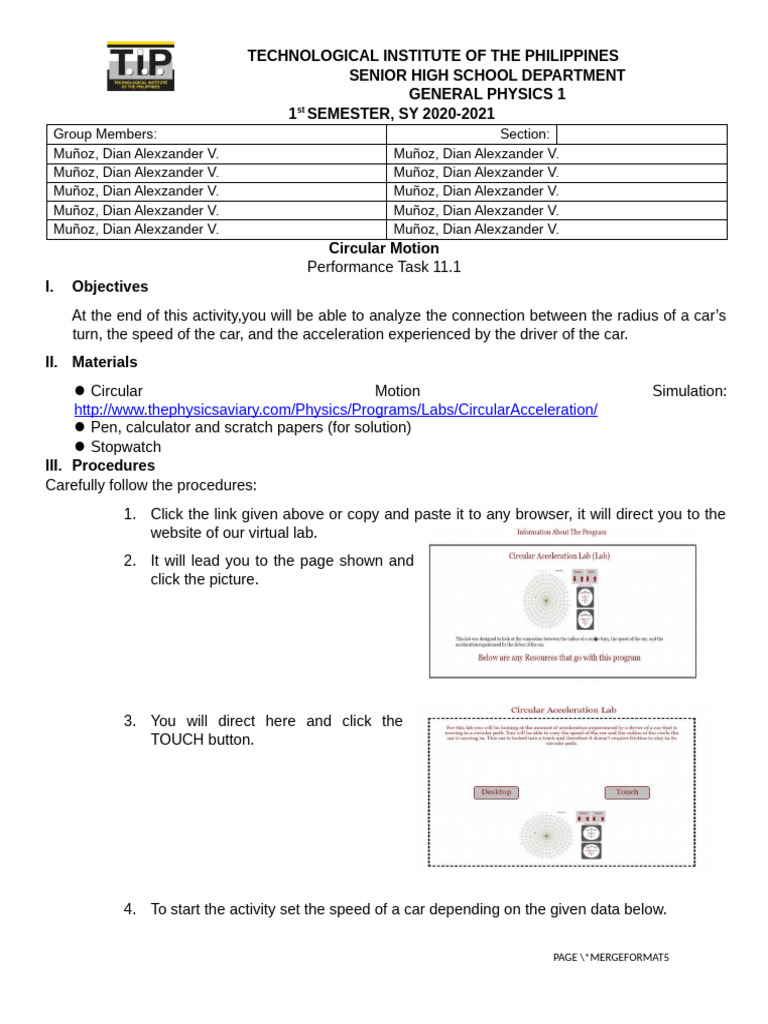 Performance Task 11 (2) .1 Circular Motion MUNOZ | PDF | Acceleration ...