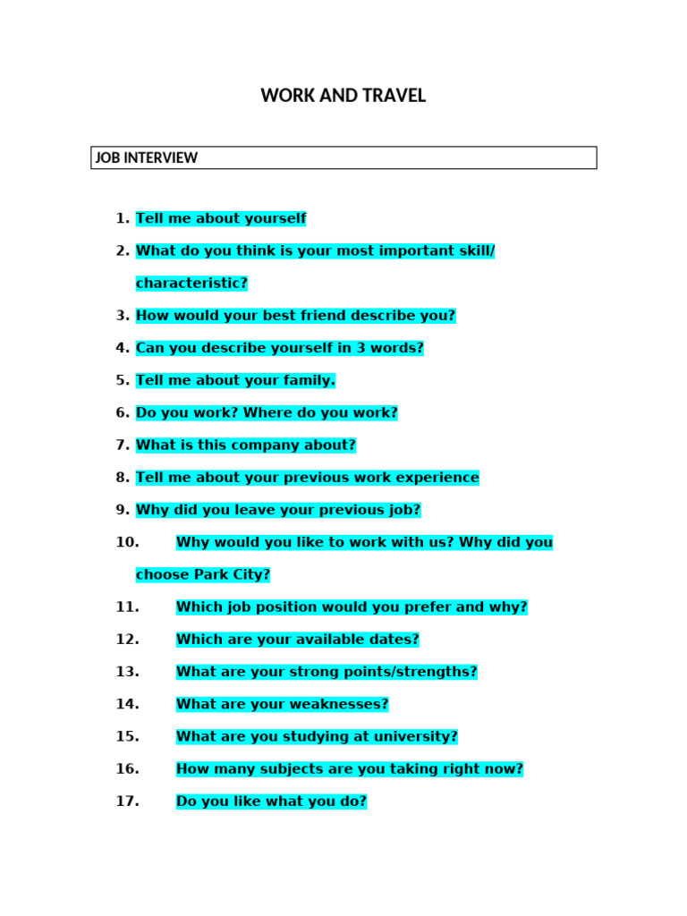 Work and Travel Interview Guide | PDF