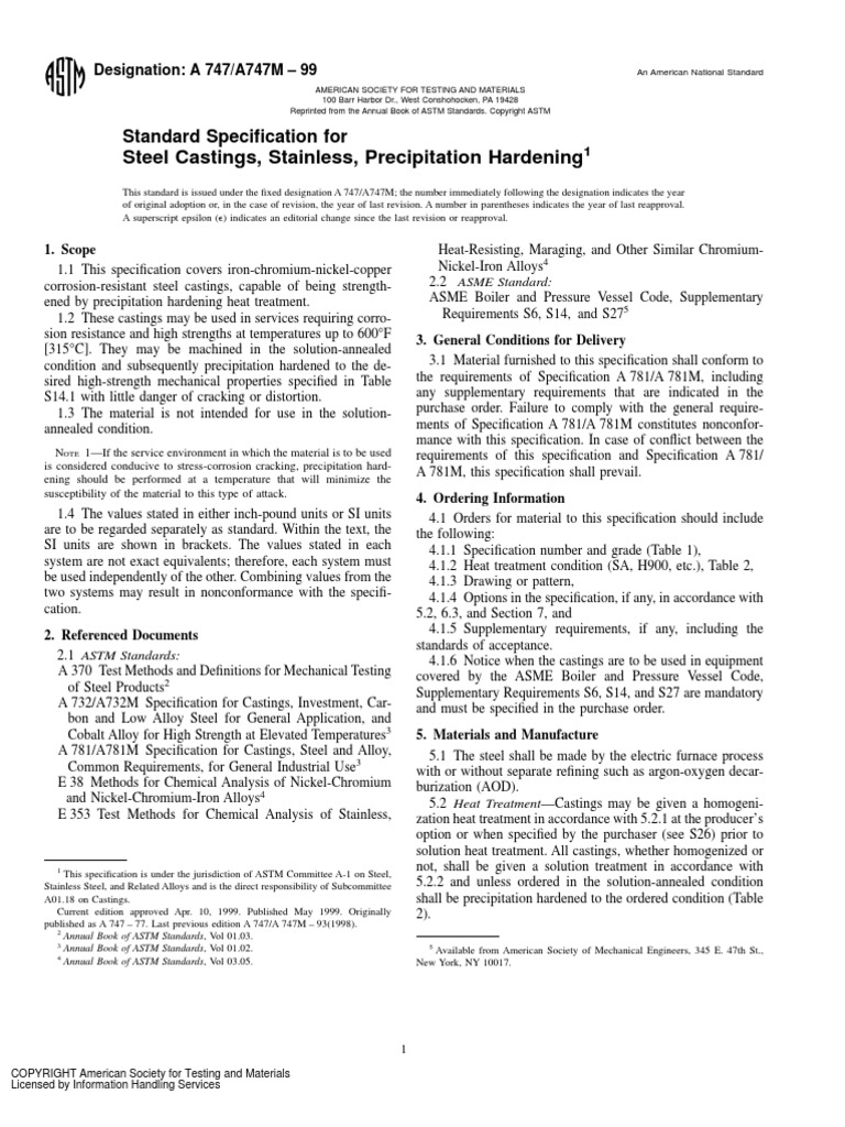 Astm a747 Standard Specification for Steel Castings, Stainless