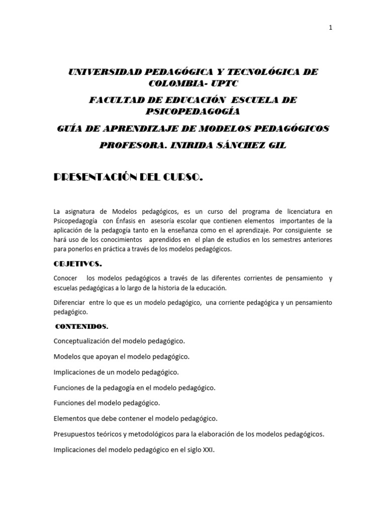 Guía de Modelos Pedagógicos UPTC | PDF | Pedagogía | Plan de estudios