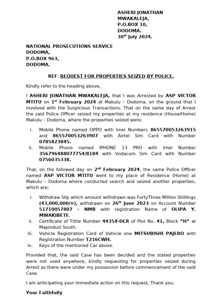 A Letter For Request Exhibits Asheri Jonathan Mwakaleja | PDF