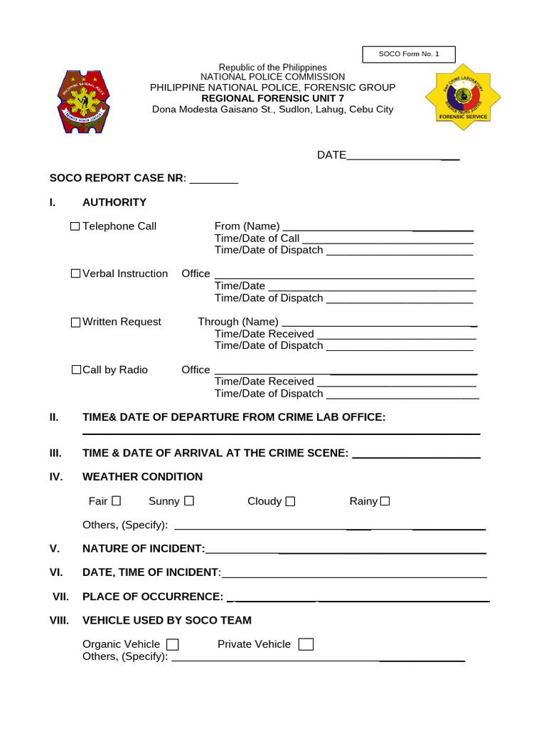SOCO Report Template for Investigations | PDF | Crime Scene | Law ...