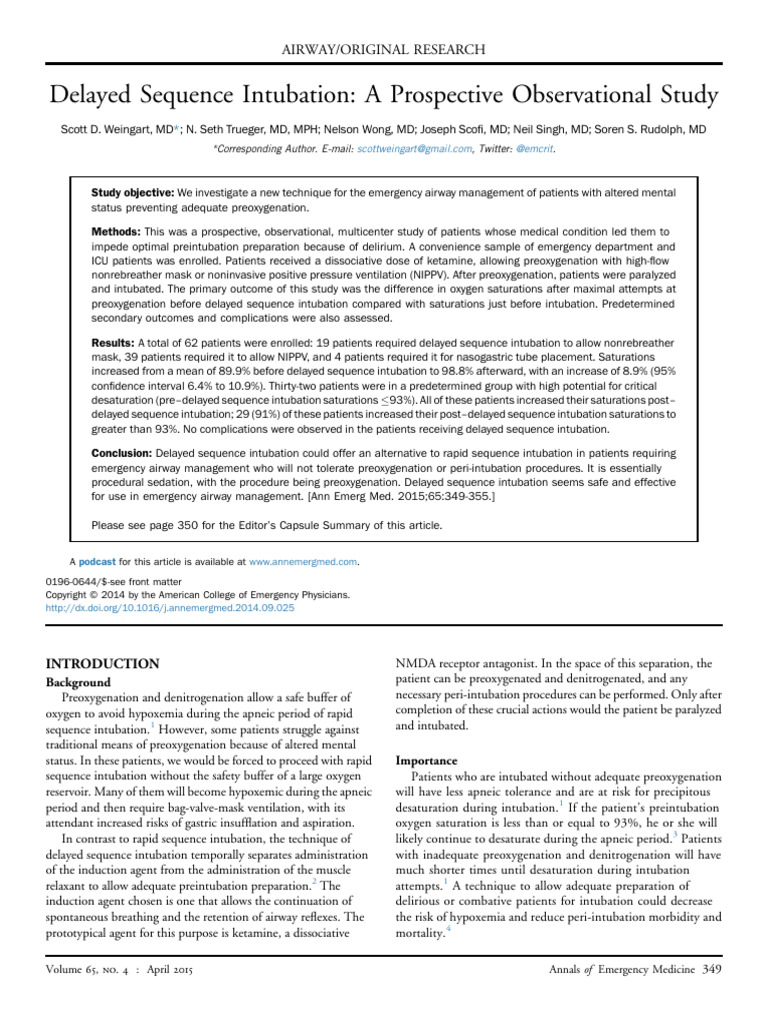 Delayed Sequence Intubation | PDF | Apnea | Clinical Medicine