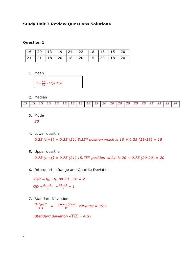 Unit 3 Statistics Review Solutions | PDF | Quartile | Descriptive ...
